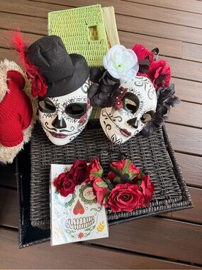 Day of the Dead Floral Mask Set in White and Red